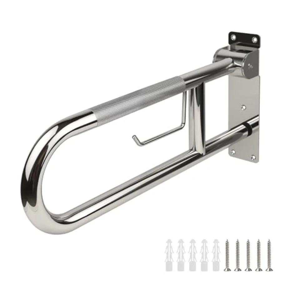 

23,6-дюймовая откидная поручень-держатель для туалета из нержавеющей стали с держателем для бумаги, противоскользящие опорные поручни для пожилых людей, серебристый цвет