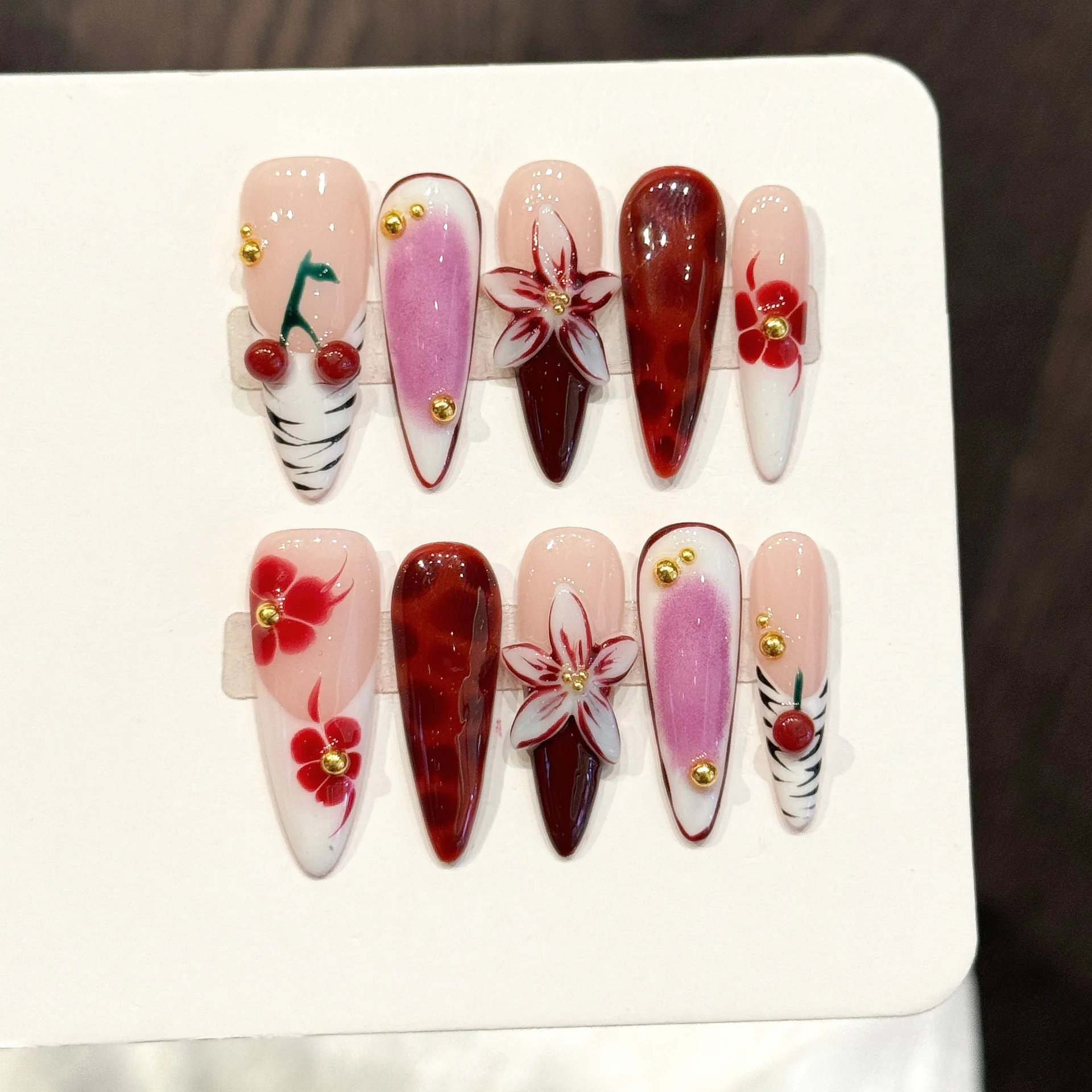 

10PCS Handmade Cherry Blossom Ombre Nail Stickers Press on Nails with Floral Carving With 4-PIECE Tool Adhesive Nail Glue Tabs