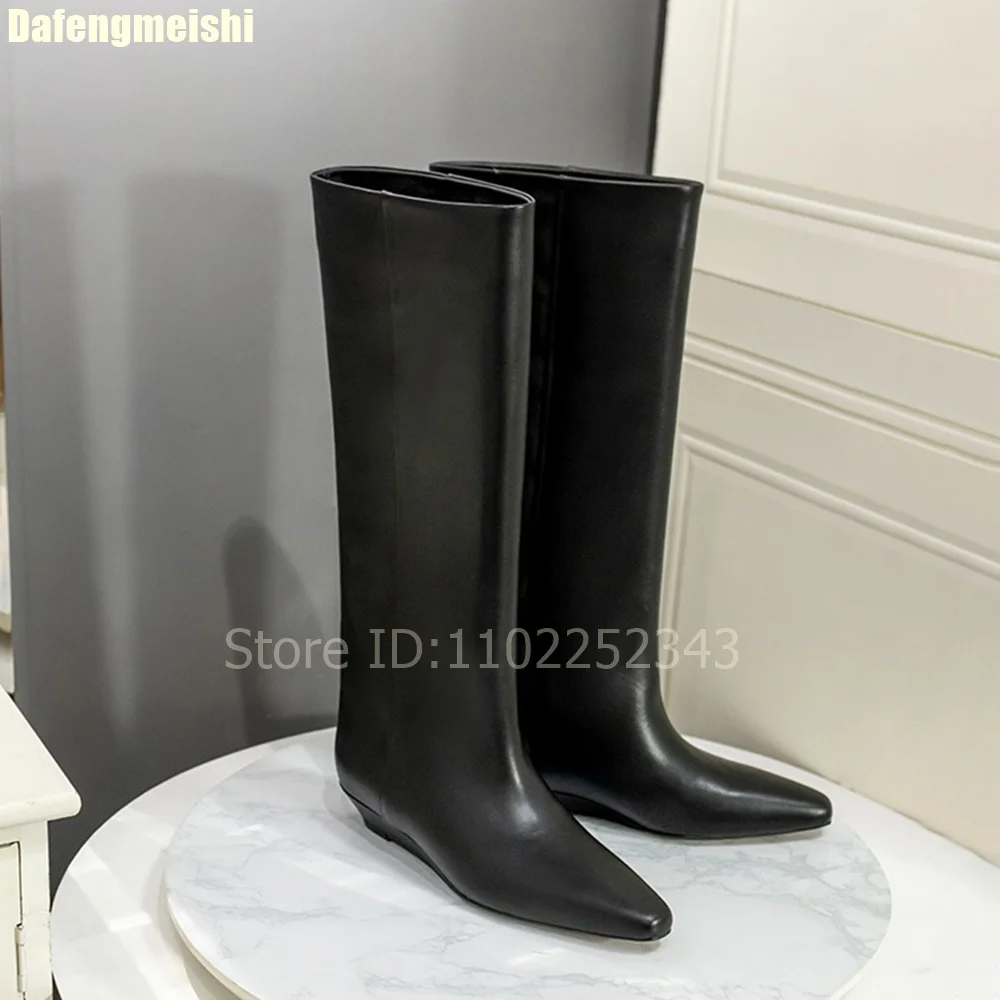 

2025 New Black Genuine Leather Women Boots Retro Pointed Toe Wedge Low Heel Knight Boots Slip On Plush Fashion Knee-High Boots