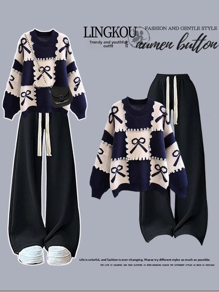 

Свободный женский вязаный свитер и брюки с широкими штанинами: комплект из двух предметов для весны и осени, повседневный, комфортный, модный наряд в стиле колор-блок