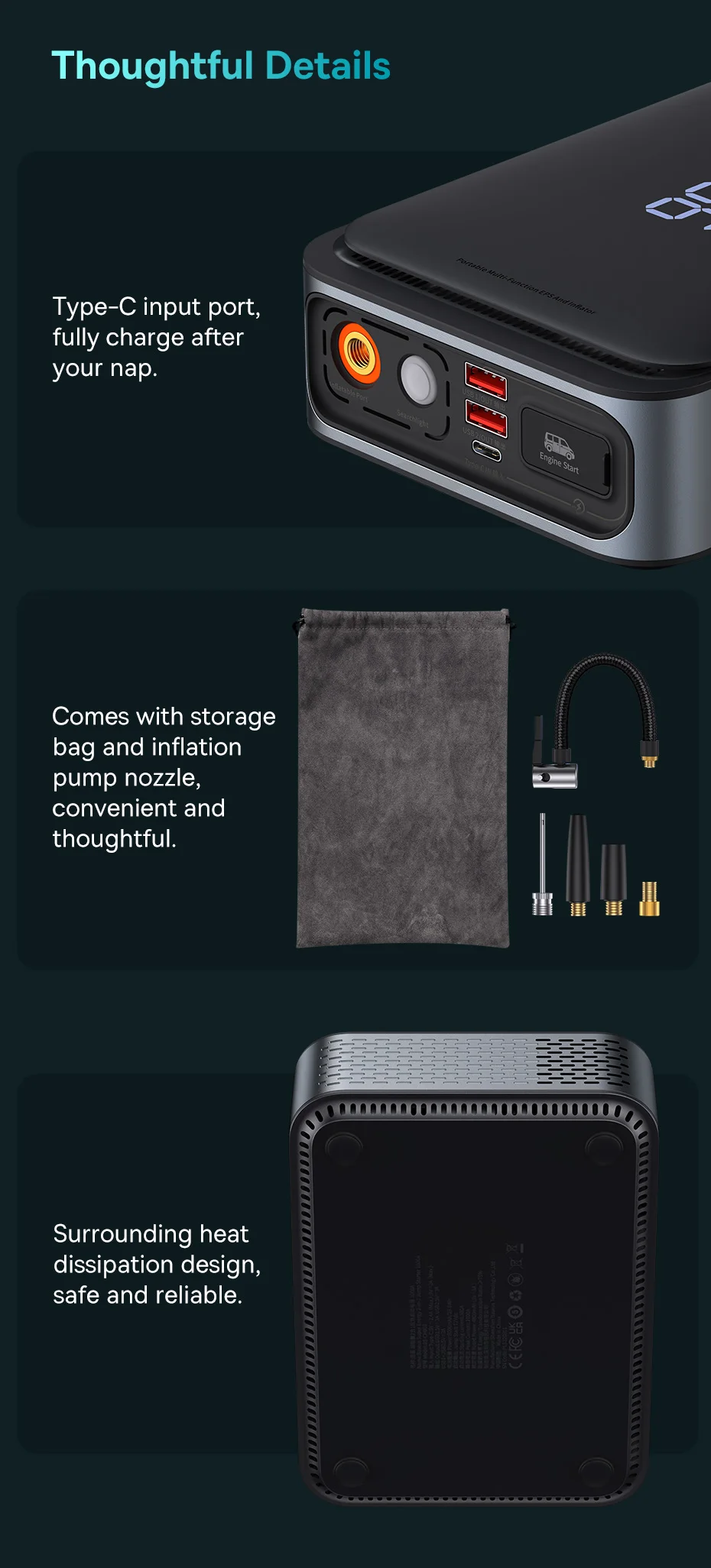 Baseus 1000A Auto-Starthilfe Powerbank 2-in-1 mit Luftpumpe, tragbarer Auto-Batterie-Booster für Notstartgeräte im Auto – Detail 23