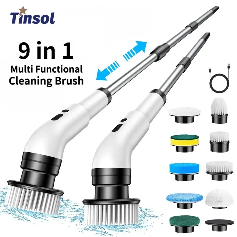 TINSOL 9-in-1 Electric Cleaning Brush Kitchen and Bathroom Tile Sweeping Brush Extended Telescopic Household Cleaning Brush