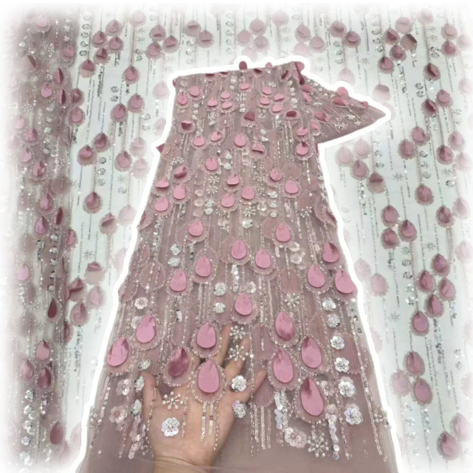 

2025 Luxury African Lace Fabric 5 Yards Sequins Beaded Tulle Lace Fabric Embroidered Nigerian Fabric for Wedding Dress SZ1187