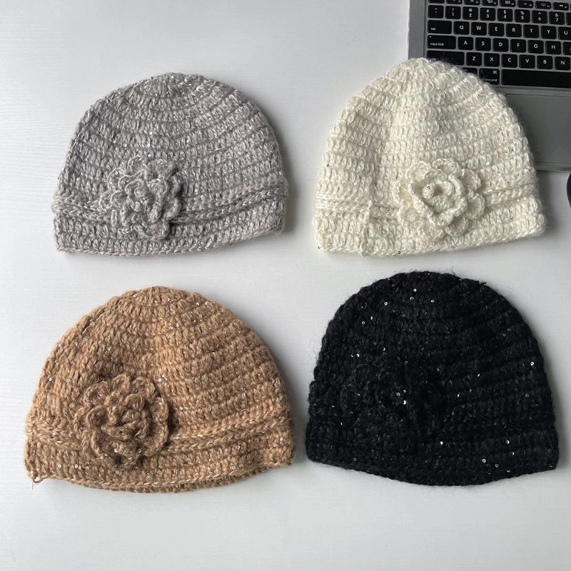 Korean Version of Flower Handmade Crochet Knitted Hat Autumn and Winter Street Retro Fashion Warm Skull Beanie Hats for Women