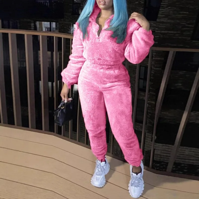 Plush 2 Piece Set Women Solid Long Sleeve Zip-up Pullover Sweatshirts Top + Sweat Pants Fashion Casual Warm Streetwear Suits