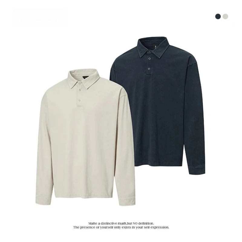 

Мужская рубашка поло с длинным рукавом 250 г | Весенняя футболка свободного кроя 2025, однотонная повседневная футболка с воротником и непринужденным минималистским стилем