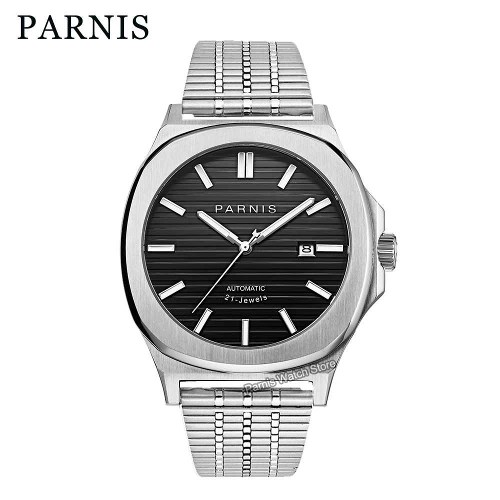 

Механические часы Parnis 42 мм с черным циферблатом, серебристым корпусом из нержавеющей стали, автоматическим механизмом, кожаным ремешком и календарем для мужчин