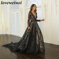 A Line Charming Wedding Dress Elegant Black Wedding Gown V Neck Lace Bridal Dress Sexy Long Sleeves Bridal Gown vestido novia