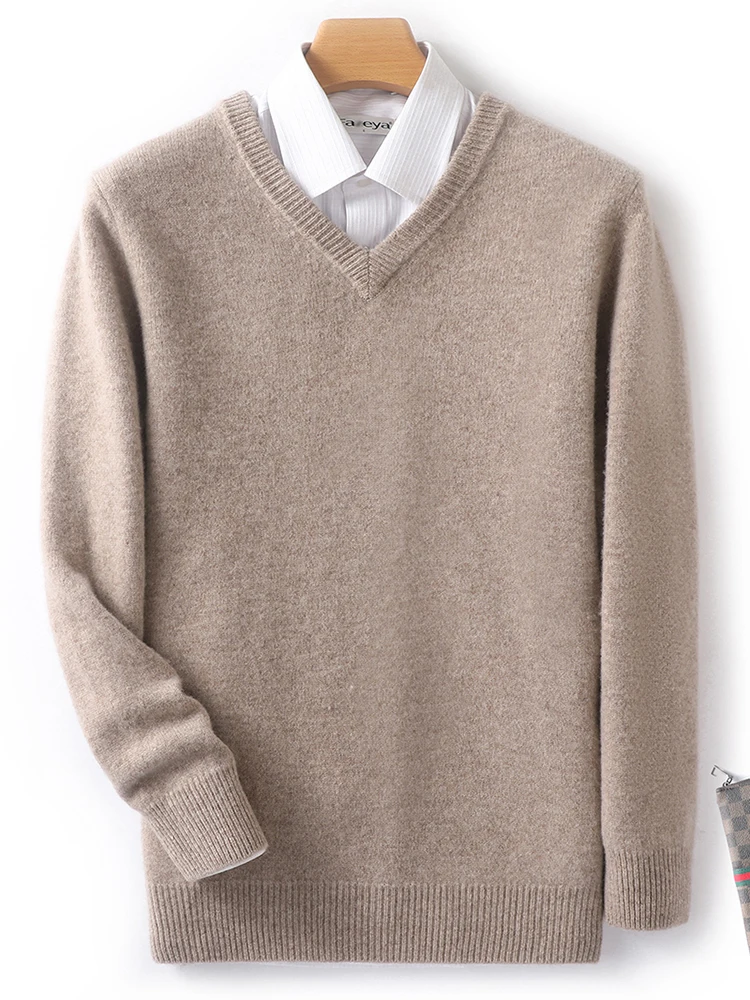 2024 Autumn Winter Men V-neck Wool Sweater Long Sleeve Pullover 100% Merino Wool Knitwear Smart Casual Basic Cashmere Clothing