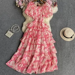 Women Print Dresses Lantern Sleeve Single Breasted Long Dresses Y2k Cinch Waist A Line Splice Vestidos Elegant Ladies Summer