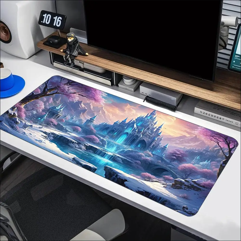 Fairy Tale Castle Night Moon Scenery Large Mouse Pad Non-Slip Rubber With Stitched Edges For Gaming Setup And Desktop Decoration