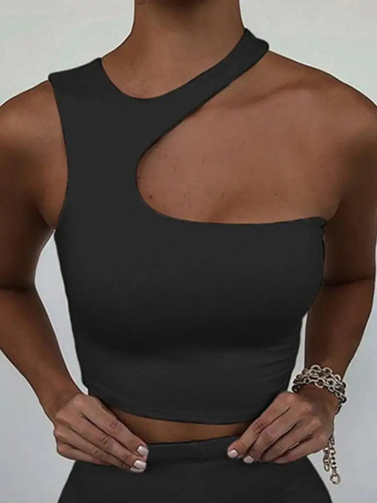 Atasan Tank Top Wanita Seksi Model Off Shoulder Cut Out Crop Irregular Slim Fit Sporty Musim Panas