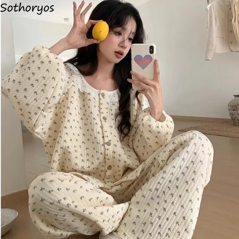 

Pajama Sets Women Lace Patchwork Ins Korean Fashion Autumn Winter Long Sleeve Trousers Popular Sleepwear Trendy Homewear Chic