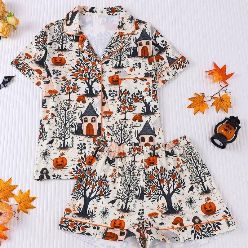 Casual Loose-Fit Women's Halloween Print Short-Sleeved Lapel Pajama Set, Perfect for Lounging or Outdoor Wear