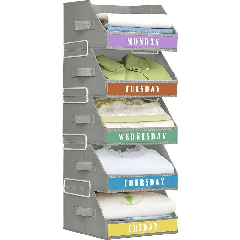 

5 Tier Shel Organizer with Weekly Labels, Stackable Storage Bins, Foldable Cube Bins, Home Baskets for Kids and Adults, Grey