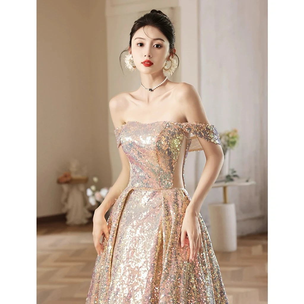 Off the Shoulder Bridesmaid Dresses Boat Neck A-line Woman Chapel Trailing Sleeveless Empire Lace-up Sequins Prom Gowns 2024