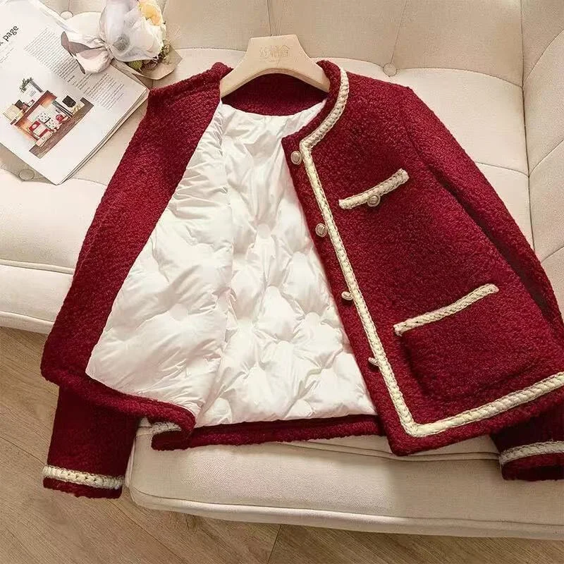 2026 New Red Down Cotton Jacket for Women Small Fragrant Style Fashion  Long Sleeve Coat Top Autumn Winter Coat Outerwear