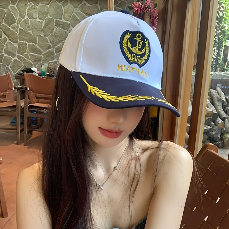 New Navy-Style Captain Hat with Label, Unisex Hard Top Uniform Cap, Sailor Crew Duckbill Hat ,Outdoor Casual Sports Baseball Cap