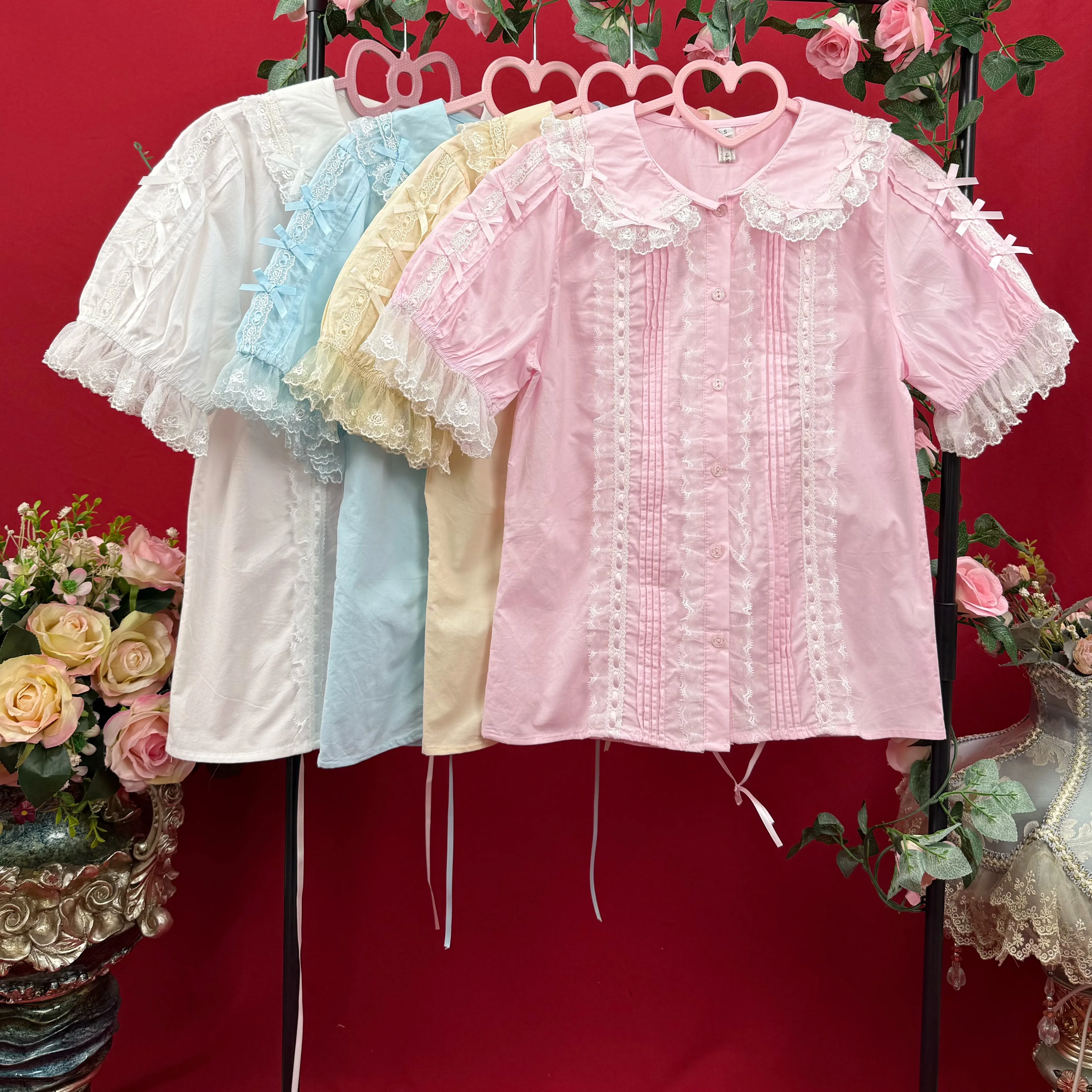 Elegant Lolita Sweet Peter Pan Collar Short-sleeve Shirt 2025 Summer Girl New Temperament Lace Bow Slim-fit Age-reducing Top