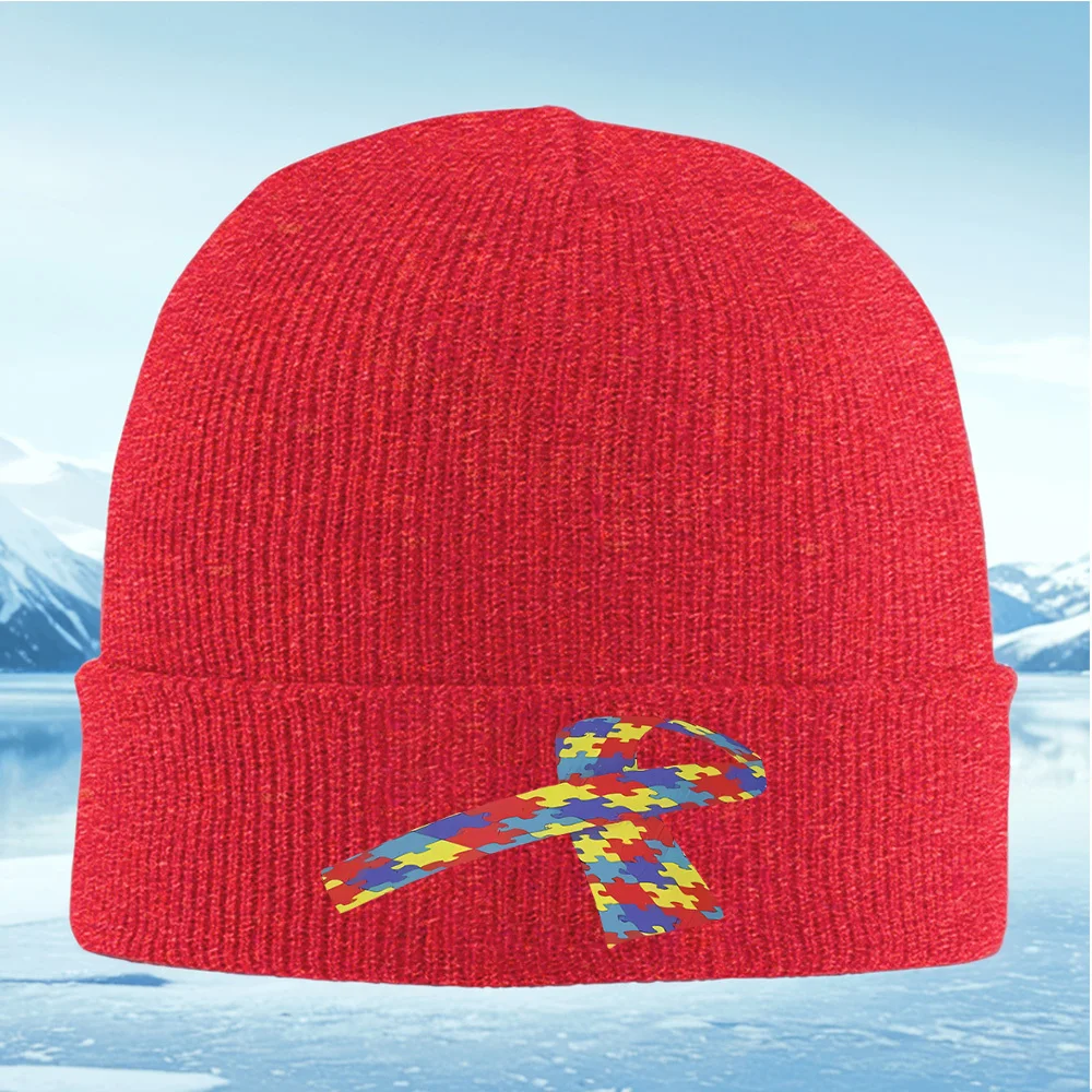 Puzzle pieces ribbon black background Men Women Unisex Knitted Hat Beanie Pullover Cap Winter Thermal Warm Christmas Outdoor Cyc