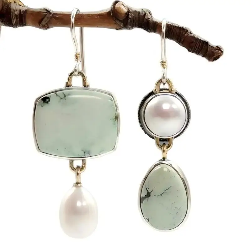 

Vintage Creative Geometric Minimalist Asymmetric Handmade Matcha Green Imitation Pearl Earrings Fashionable Jewelry for Women