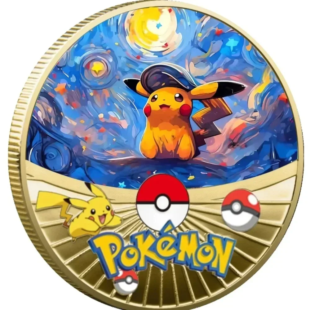 Oil Painting Starry Sky Pokemon Coin Collection Pikachu Mewtwo Eevee Patterns Gold Plated Color 27 Patterns Anime Pokemont Gifts