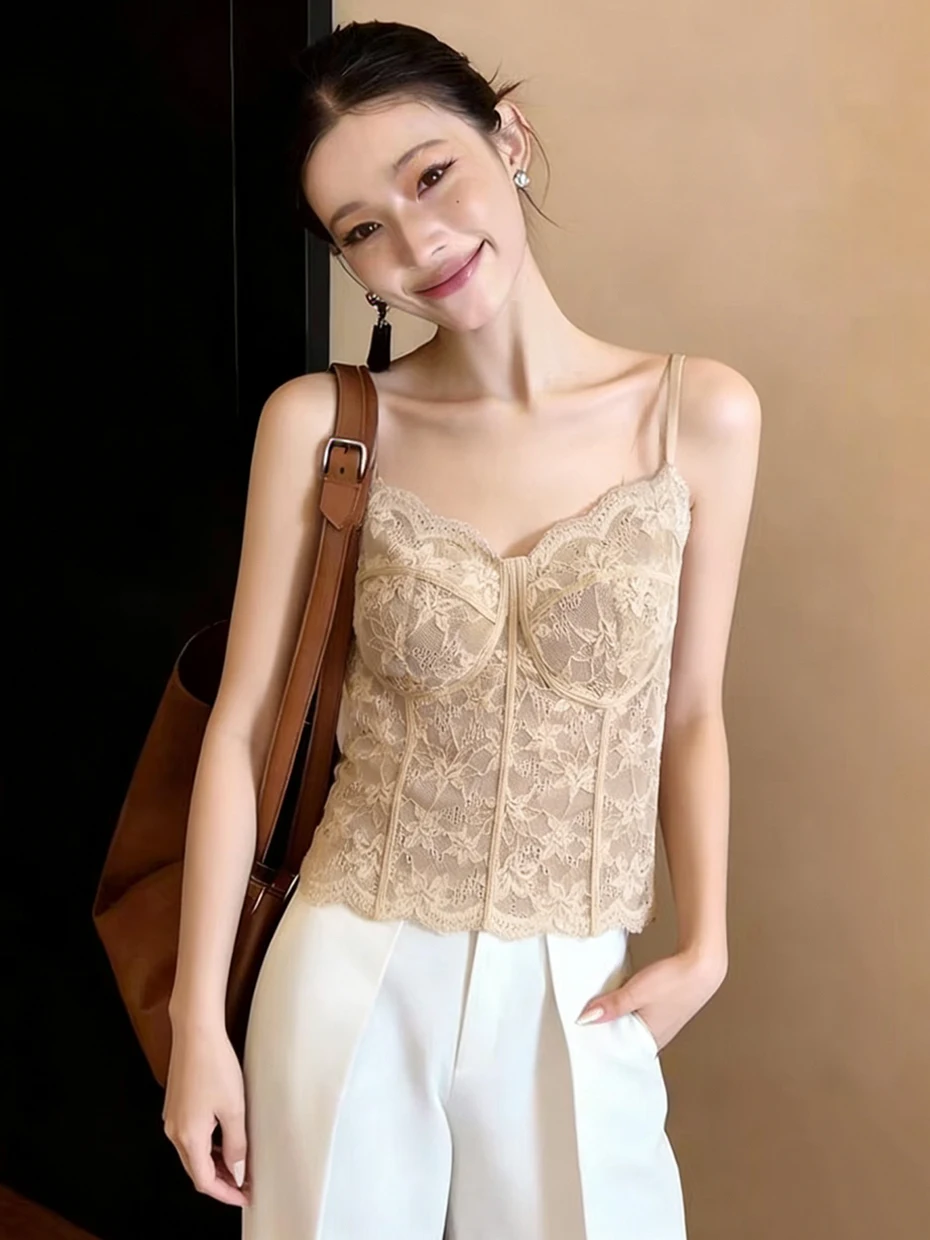 Spicy Lace Strap Vest Women's Outerwear with Chest Pad Beautiful Back Bra Integrated Base Layer Fishbone Chest Clothes Top