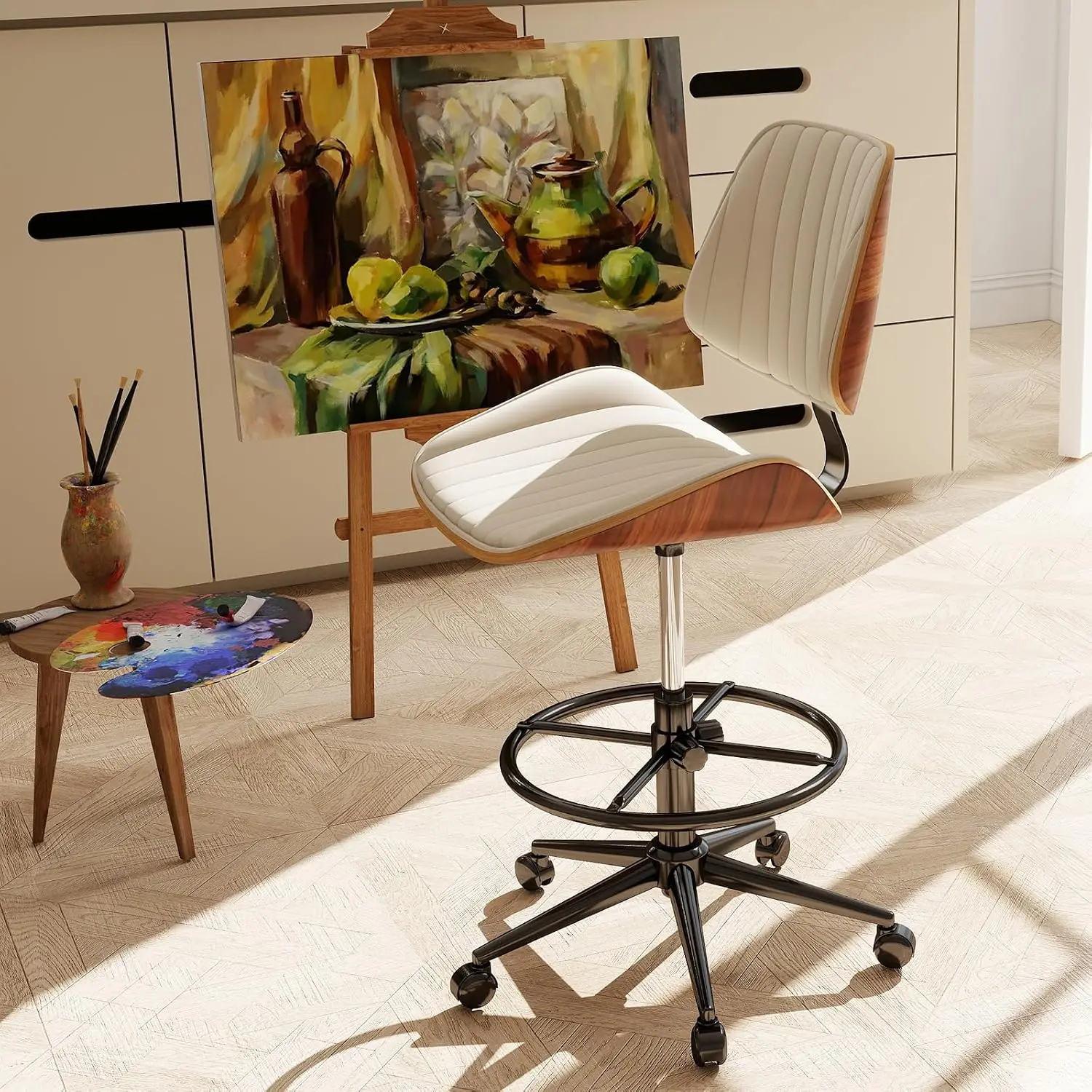Armless Drafting Chair with Bentwood Backrest, Adjustable Height, Footrest Ring & Swivel Seat, PU Leather, Customized