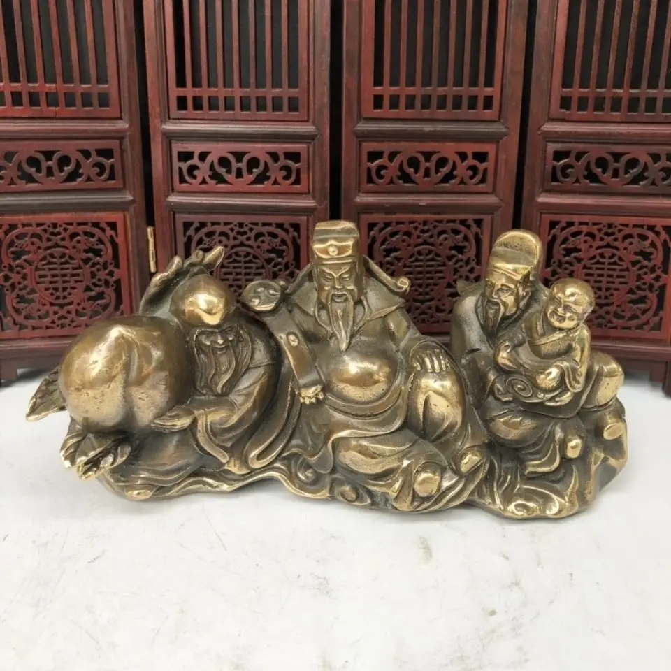 Copper Three Gods of Fortune, Prosperity, and Longevity Statue Gods Statue Office Home Decor Gift for Desk Ornament