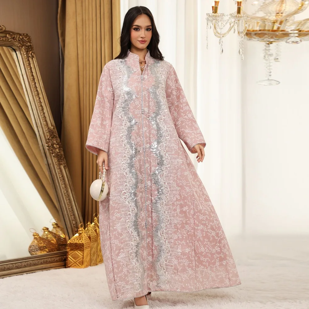 Eid Muslim Abaya Dress for Women Sequins Button Jalabiya Kaftan Islam Vestidos Largo Arab Long Robe Ramadan Morocco Abayas