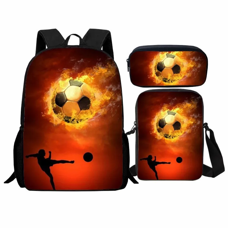 New printed flame soccer student backpack 3pcs Set cartoon casual fashion backpack crossbody bag pencil case