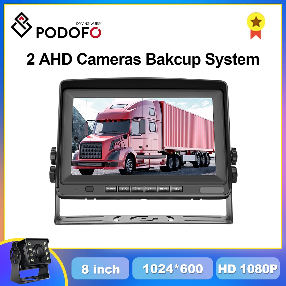 

Podofo Wired 8inch AHD Backup System 2 Rear View Camera Monitor Display Parking System For Bus Truck RV Caravan Trailers 4pin