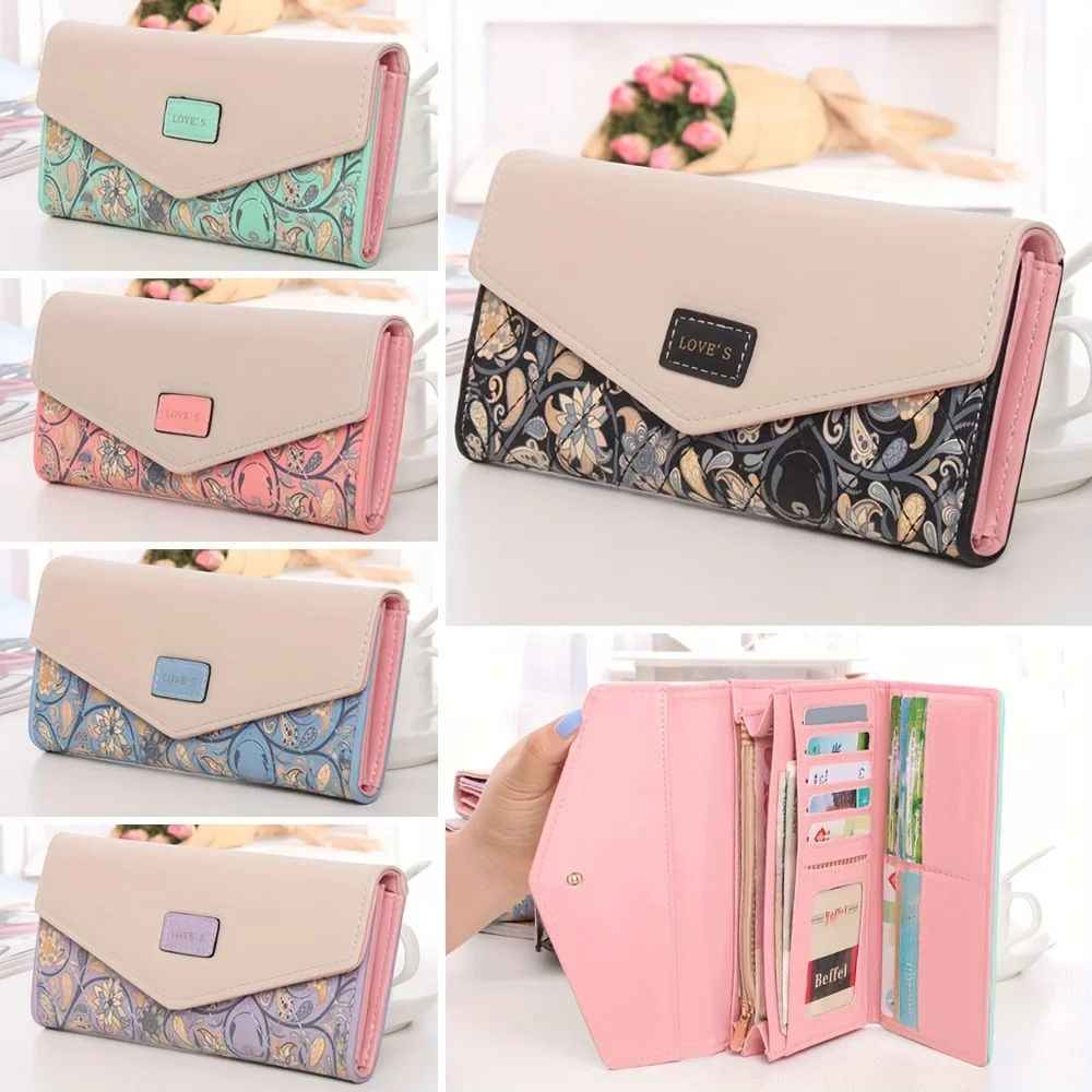 

Floral Print Long Wallet For Women, PU Leather Credit Card Holder, Coin Cash Phone Tri-fold Purse Envelope Handbag