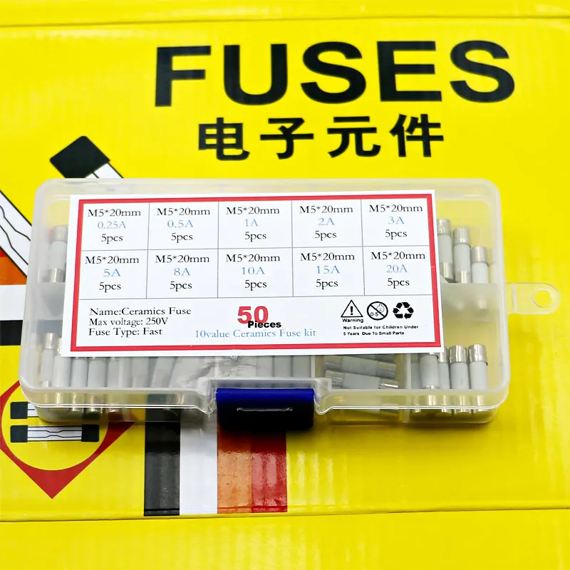 50pcs 10 Value 5mm x 20mm Fast Ceramic Fuses Tube Assortment Mixed pack kit 250V 0.25A 0.5A 1A 2A 3A 5A 8A 10A 15A 20 AMP