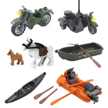 Diy motocicleta barco de assalto cavalo guerra cão ww2 arma soldado figura militar playmobil modelo bloco construção tijolo crianças brinquedos