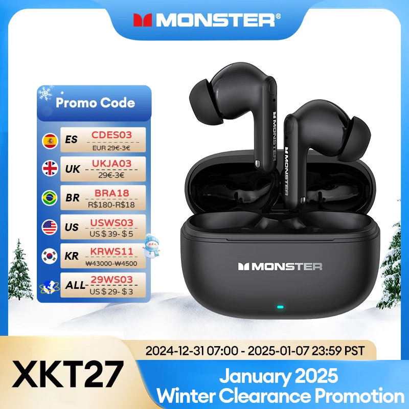 Monster XKT27 Bluetooth V5.4 Headset Long Standby Wireless HIFI Sound Earphones Intelligent Noise Reduction HD Call Earbuds