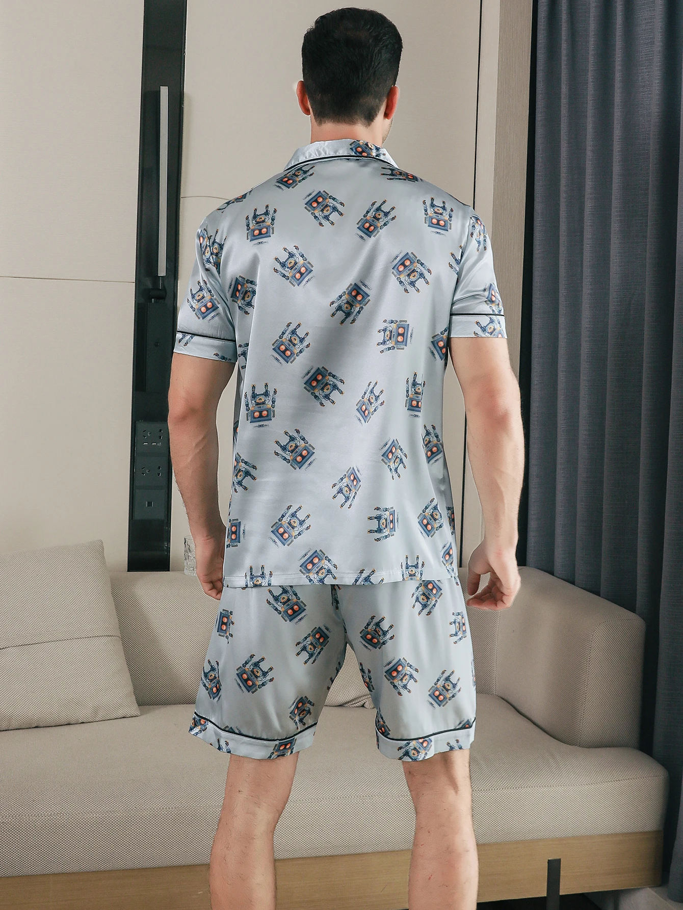 Zweiteilige Sets für Herren pyjamas Sommer Kurzarm Shorts Roboter muster gedruckt Home Kleidung Nachtwäsche Set