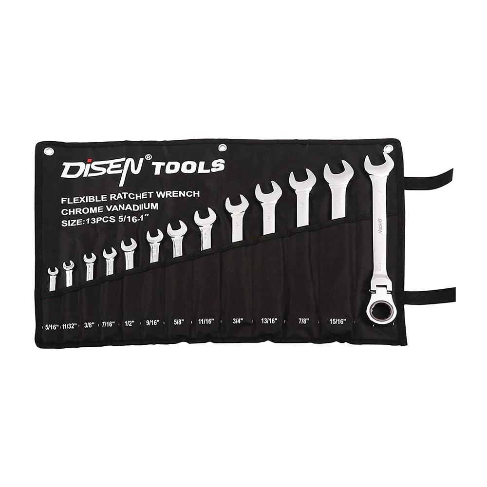Disen in Stock Retail 13-piece Crv Steel Flexible Combination Ratchet Wrench Set with Inch Size 5/16