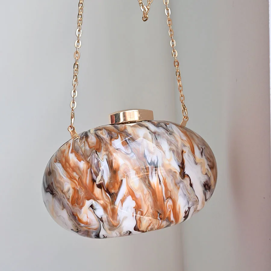 Retro premium eye-catching oval acrylic dinner clutch bag warm marble smudge texture exquisite chain bag