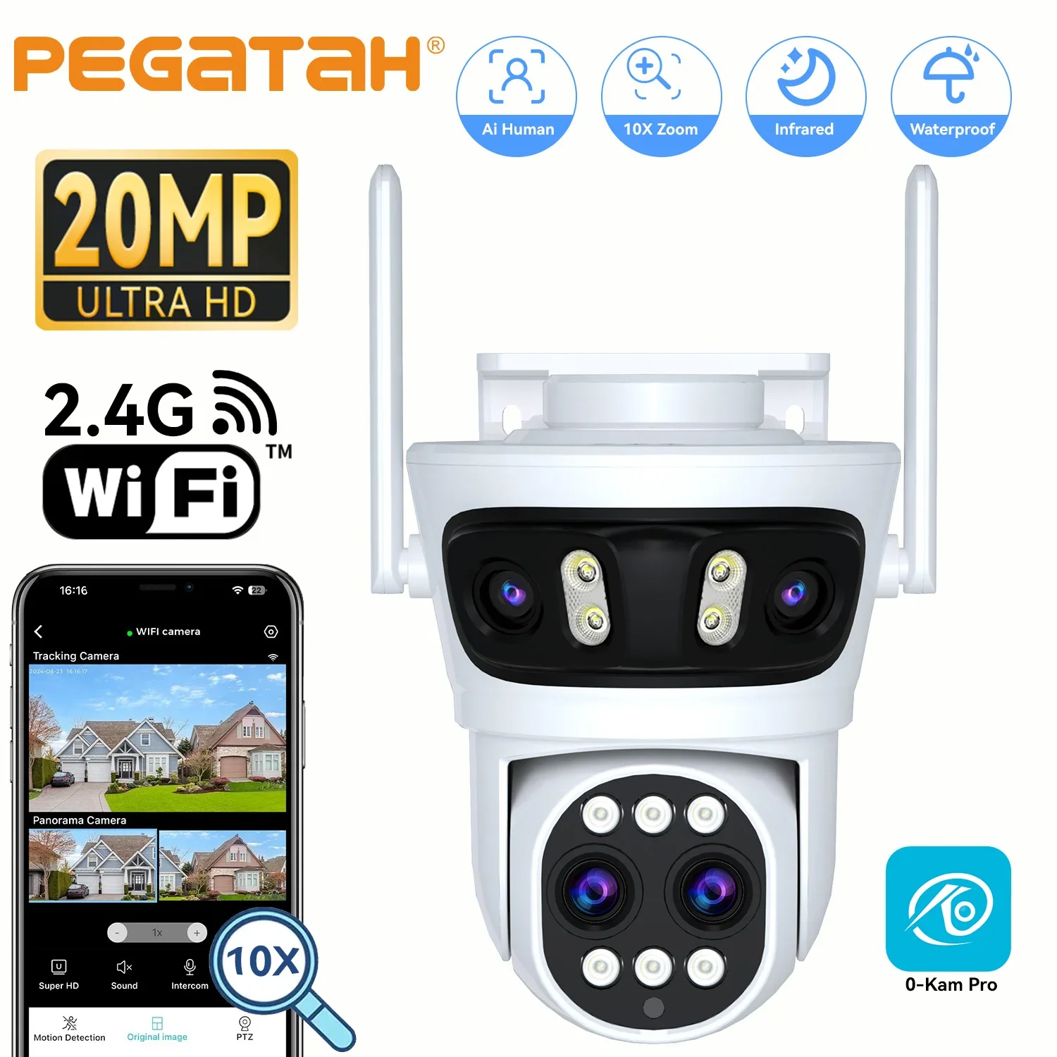 PEGATAH 20MP WiFi 카메라 IP PTZ 세 개의 화면 180도 °   광각 자동 추적 10배 디지털 줌 15MP 보안 보호 O-Kam Pro