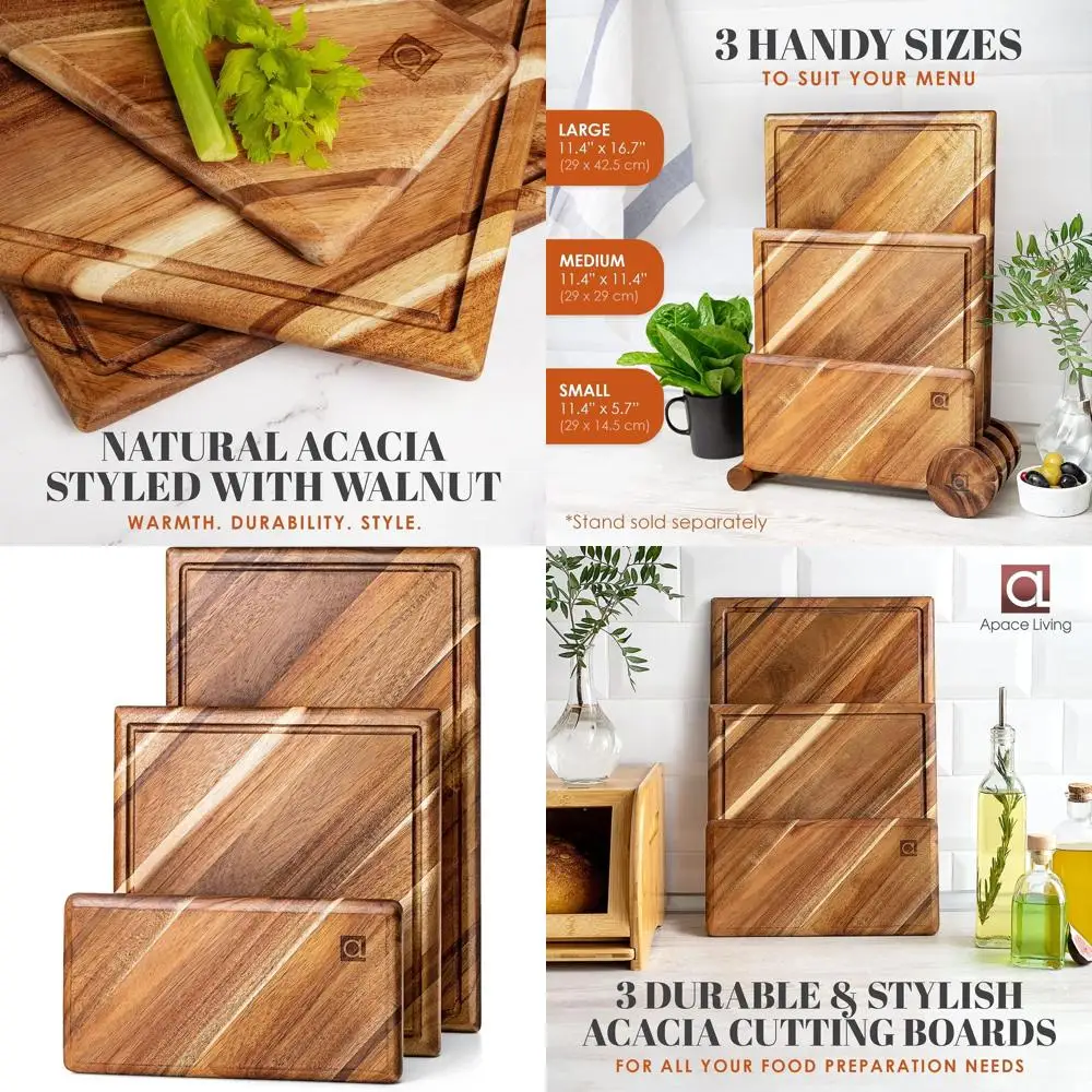 

Acacia Wood 3-Piece Cutting Board Set with Juice Groove - Ideal for Meat, Vegetables, and Cheese