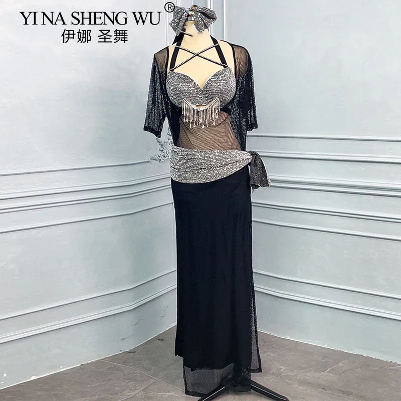 

Belly Dance Costume Set Suit Outfit Top Skirt Sequin Spring Mesh For Adult Women Stage Performance Advanced performance costume