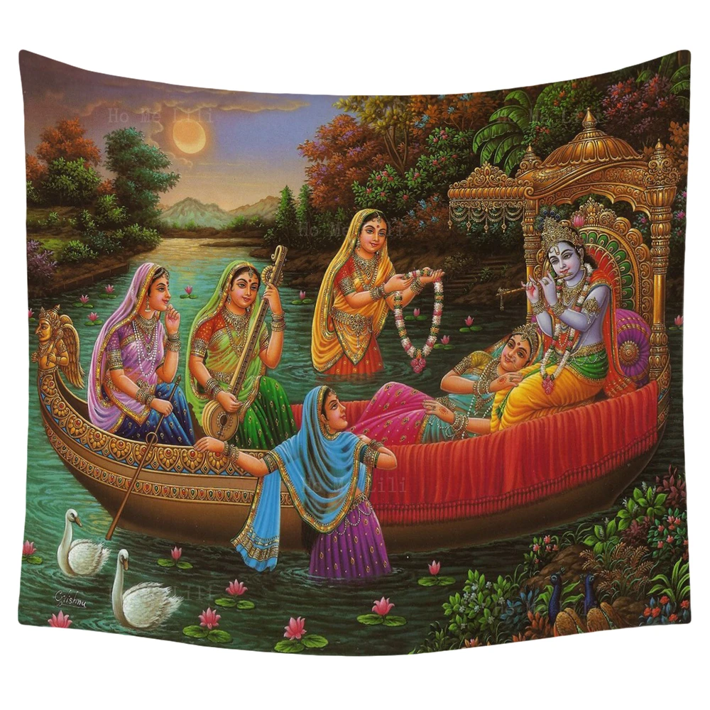 Lord Krishna With His Devotees In A Boat On The Yamuna River Hinduism Shiva Religion Tapestry By Ho Me Lili For Room Decor