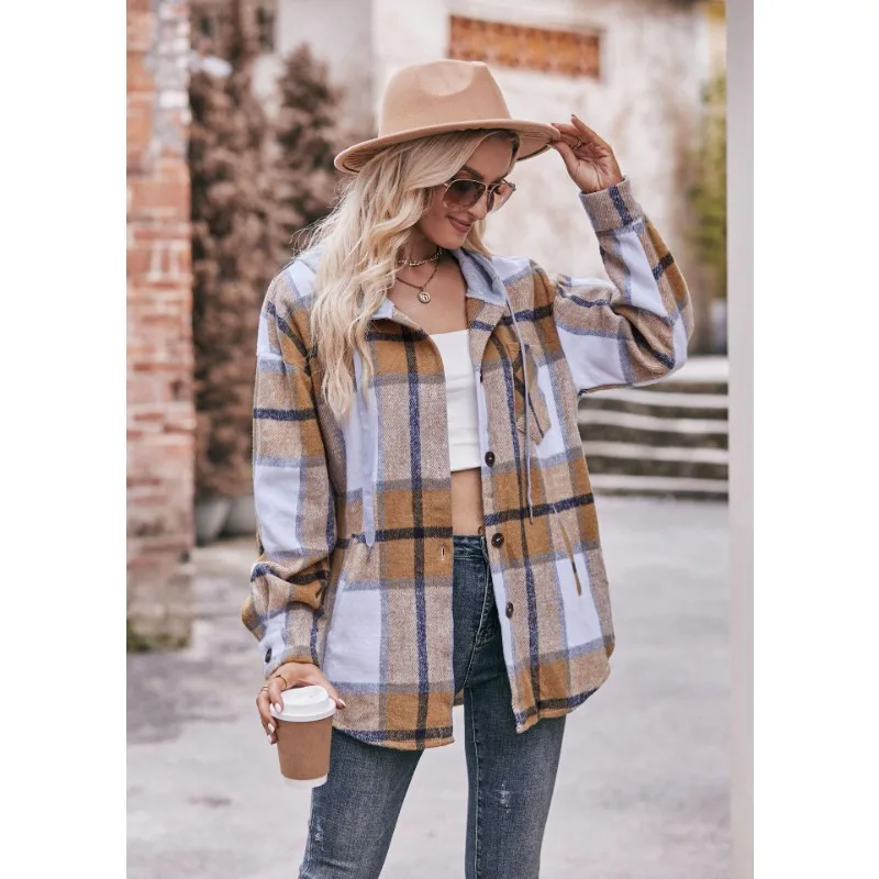 

New Autumn and Winter Women's Hooded Casual Jacket Casual Mid-length Plaid Shirt