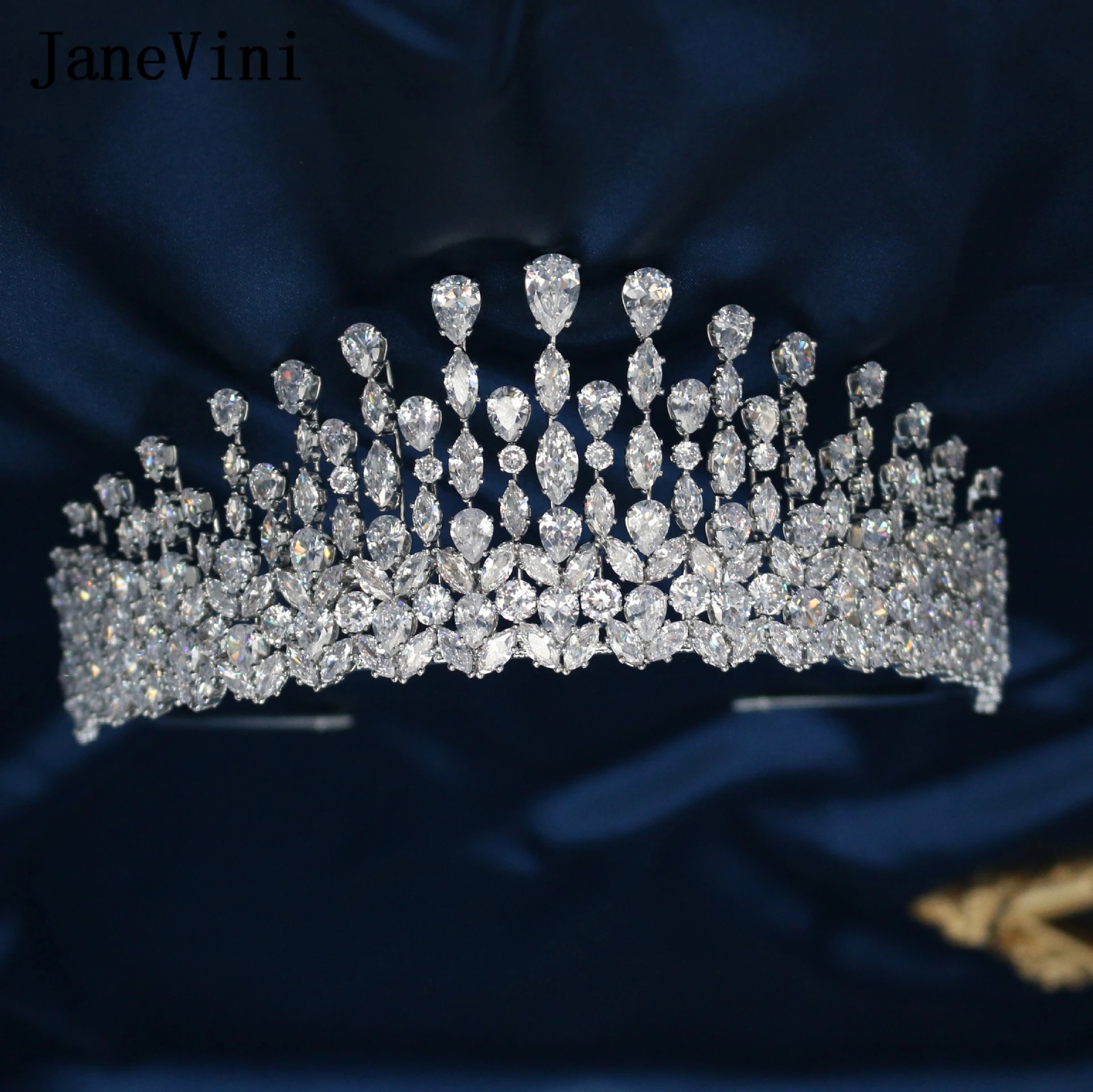 JaneVini 2022 Luxury Cubic Zirconia Silver Bridal Crowns Tiaras Bling Crystals Prom Hair Wear Wedding Accessories Party Jewelry