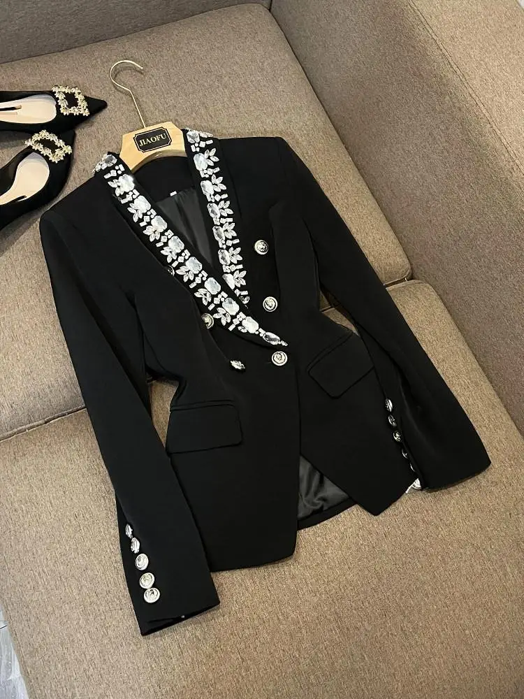 

Женский пиджак в европейском стиле с длинными рукавами, расшитый стразами, на двух пуговицах, индивидуальный пошив, для делового гардероба