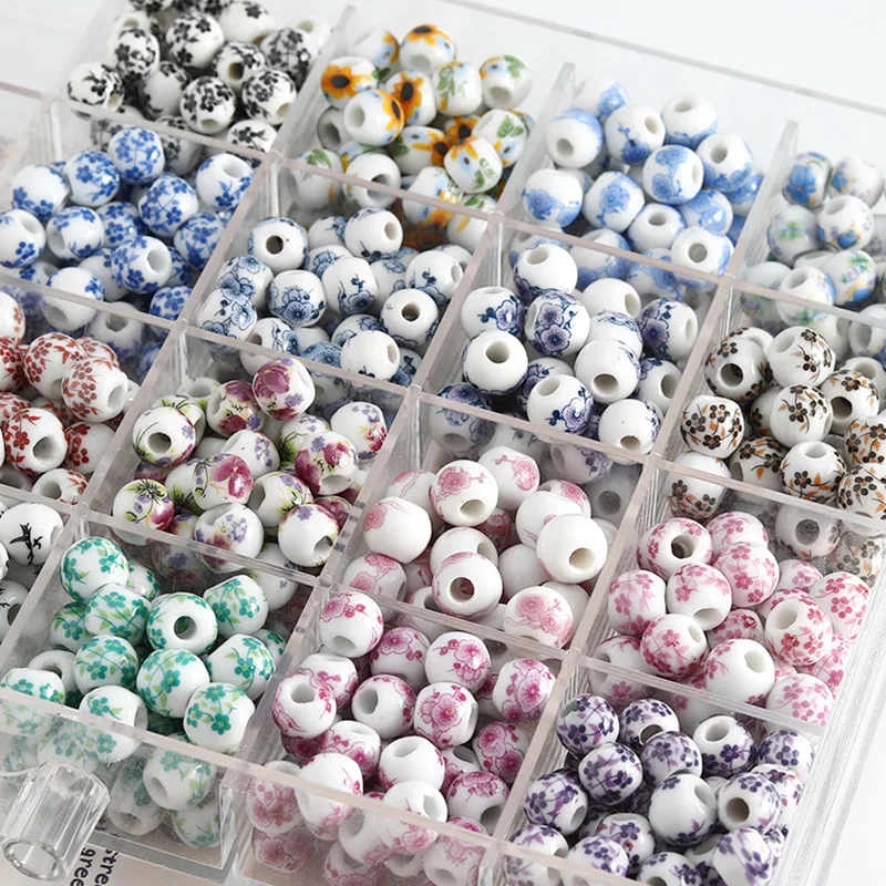 100pcs 8mm Vintage Blue And White Orchid Round Ceramic Beads For Jewelry Making DIY Bracelets Necklaces Beaded Accessories