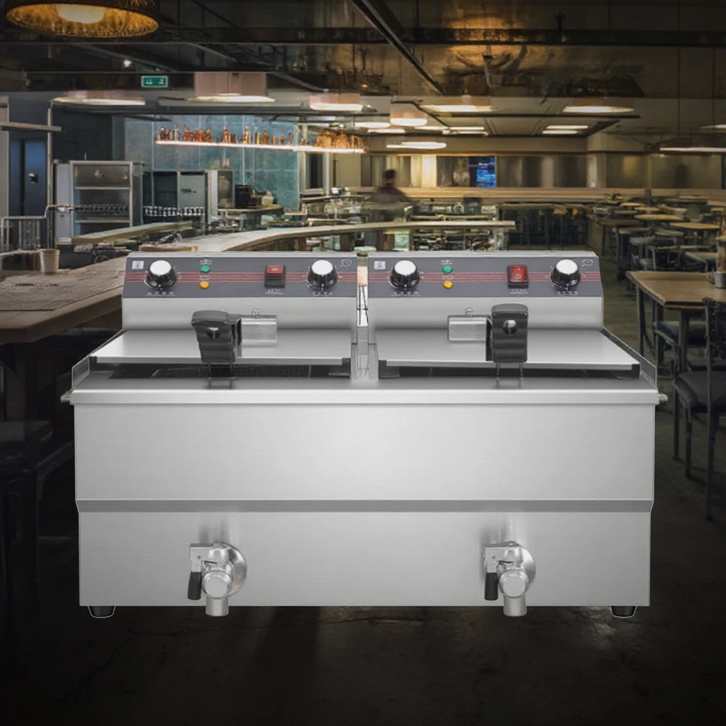Commercial 18L+18L Crisp Fryer with Oil Outlet Valve Tank for Restaurant Hotel New Condition Electric Tornado Potato Deep Fryer
