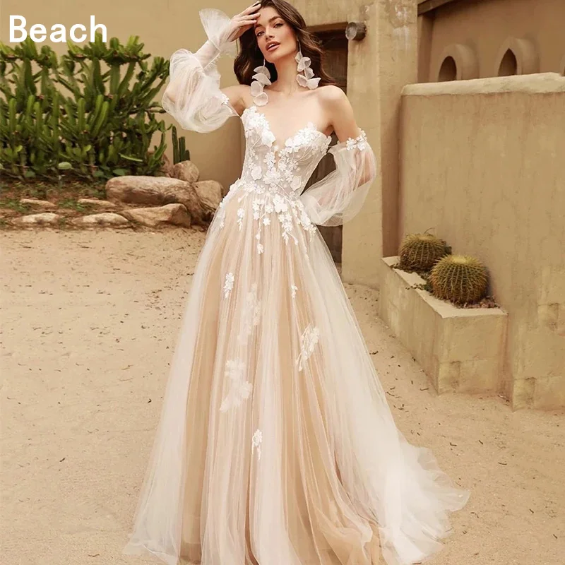 Beach Elegant A-Line Wedding Dress Sweetheart Puffy Long Sleeves Lace Appliques Backless Tulle Bridal Gown Vestidos De Novia New