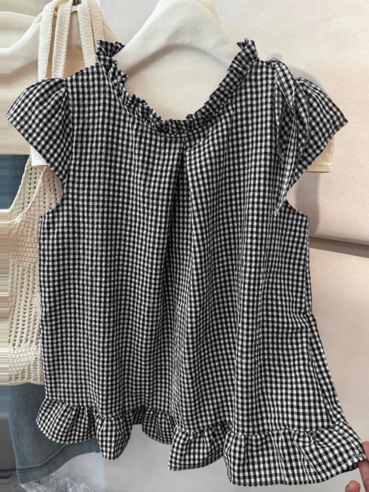 

VONDA Fashion Women Summer Tank Tops 2025 Short Sleeve Plaid Shirts Stand Collar Checked Tees Elegant Korean Bow Blusas Feminina
